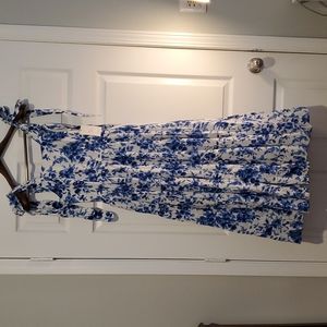NWT Mille Size XS Blue and Long White Floral Dress with Tie Detail at Shoulders